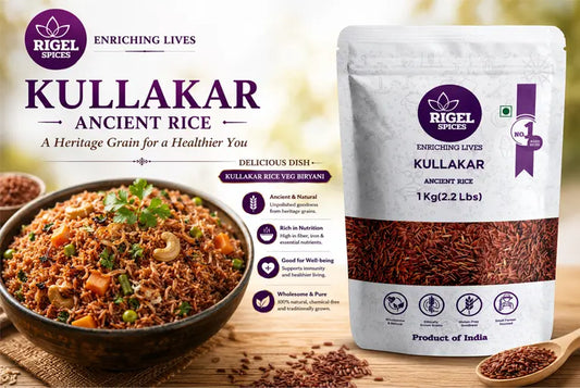 Traditional Kullakar Rice Recipe made with Rigel Spices Ancient Red Rice served in a bowl with healthy vegetables.