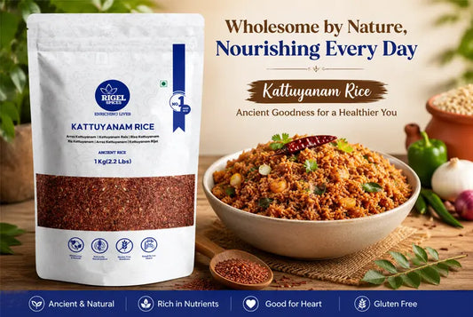 Rigel Spices Kattuyanam Rice pack with traditional Kattuyanam Rice Vegetable Pulao prepared using ancient heritage rice.