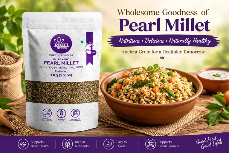 Rigel Spices Pearl Millet pack with a bowl of freshly prepared pearl millet vegetable upma